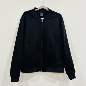 Zara Jacket Mens Size XL Black  Bomber‎ Velour Zipper Pockets Varsity Casual